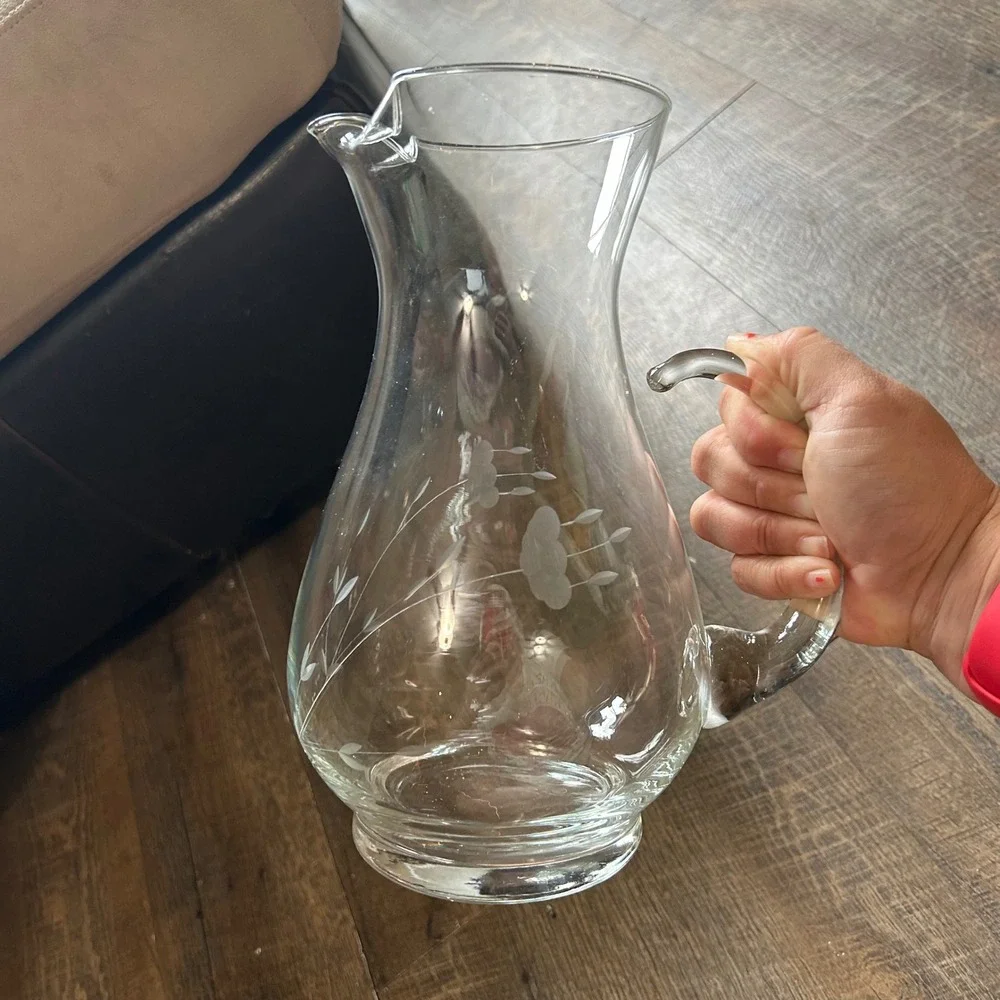 Princess House Heritage Etched Floral‎ Clear Glass Pitcher 10 Inch Vintage 2 Qt